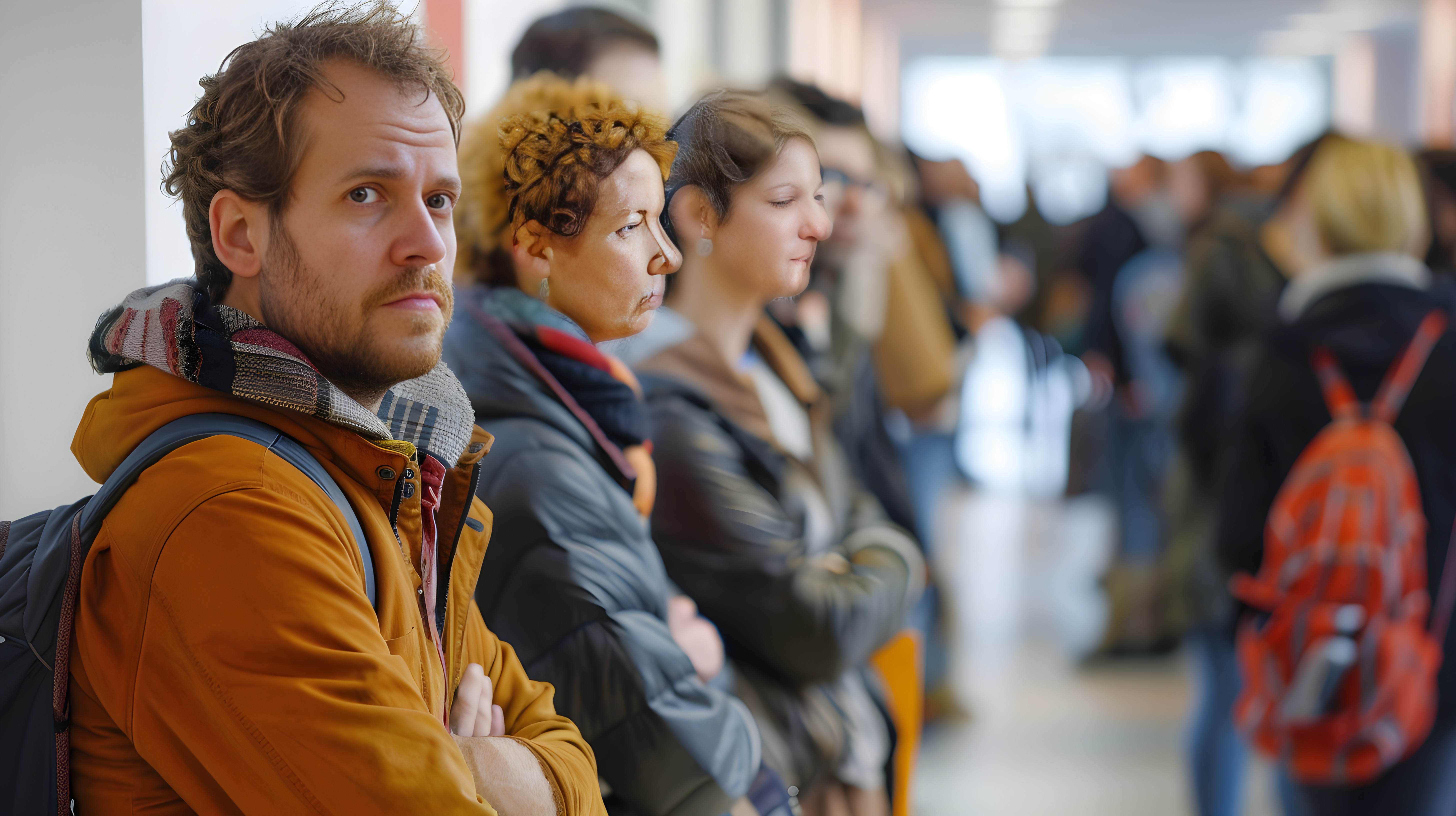 Frustrated people standing in a long line, waiting at a government office, symbolizing business downtime and inefficiency caused by ransomware attacks.